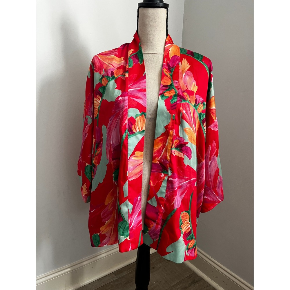 Chico's Red Tropical Satin Kimono Jacket S/M Floral Wrap Maximalist Boho Resort